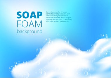 Gerçekçi köpüklü sabun köpüğüyle güzel bir mavi arka plan. Şampuan köpüğü dokusu. Parlak çamaşır deterjanı. Tasarlanmış metin. Vektör illüstrasyonu