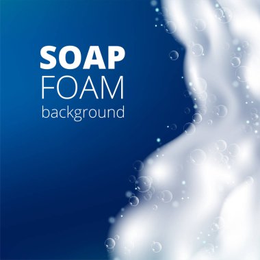 Gerçekçi köpüklü sabun köpüğüyle güzel bir mavi arka plan. Şampuan köpüğü dokusu. Parlak çamaşır deterjanı. Tasarlanmış metin. Vektör illüstrasyonu