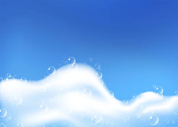 Hermoso fondo azul con espuma de jabón realista con burbujas. Champú burbujas textura. Detergente higiénico de lavado brillante. Lugar vacío para tu mensaje. Ilustración vectorial — Vector de stock