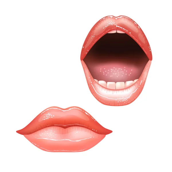 2 brilhando lábios nus femininos bonitos com dentes para diferentes desenhos. Cor de batom rosa. Ilustração vetorial realista. —  Vetores de Stock