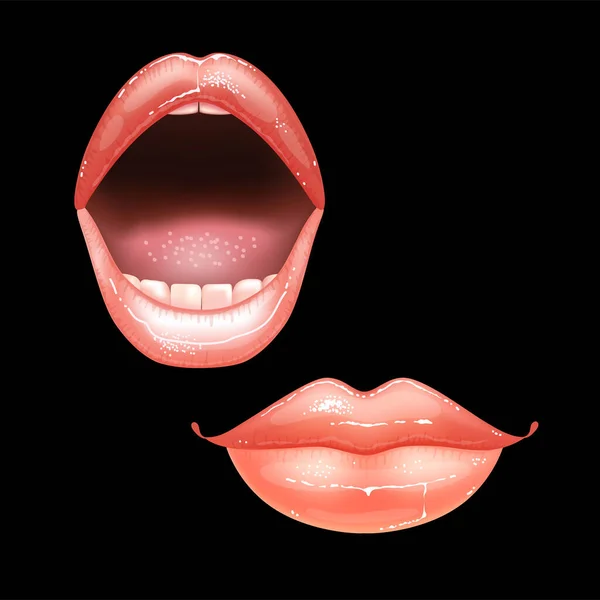 2 strahlend schöne weibliche Nacktlippen mit Zähnen für verschiedene Designs. Rosa Lippenstiftfarbe. Schwarzer Hintergrund. Realistische Vektorillustration. — Stockvektor