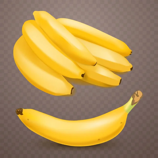 Két valósághű banán kockás, átlátszó háttérrel. Trópusi gyümölcsök. 3D vektor illusztráció — Stock Vector