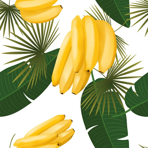 时尚的无缝图案与现实的香蕉束和热带树叶。矢量逼真说明 — 图库矢量图片