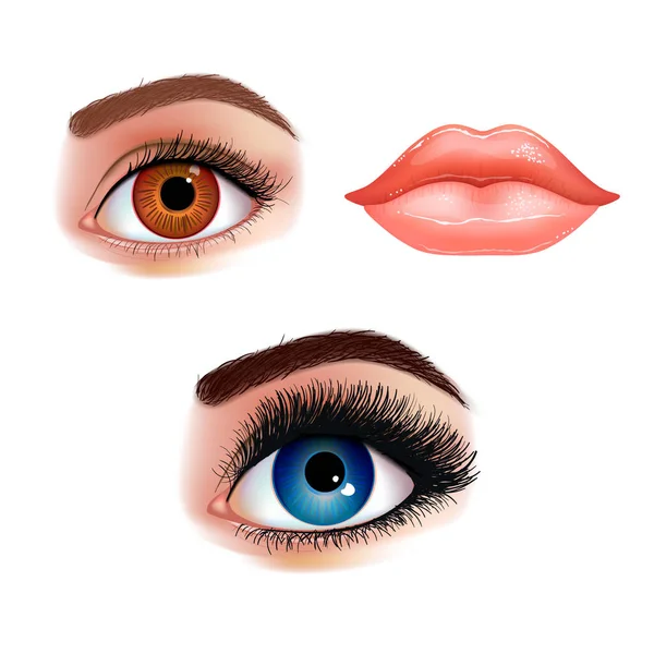 Conjunto de belos olhos femininos com pestanas estendidas e boca brilhante com lábios brilhantes. Ilustração vetorial realista. — Vetor de Stock