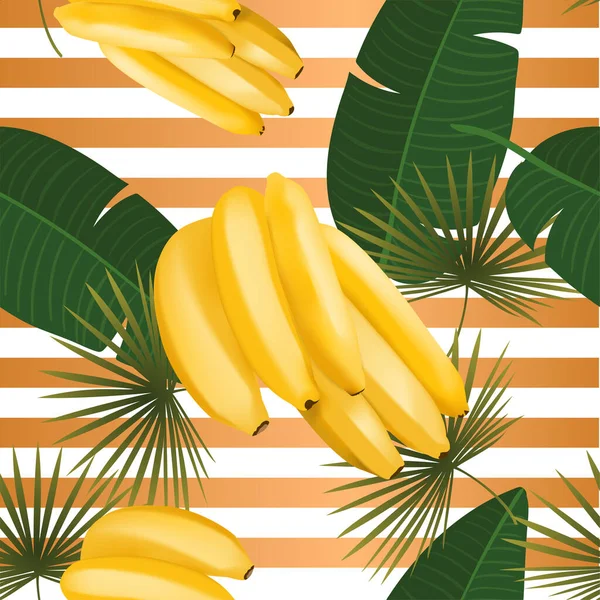 Трендовый безморщинистый узор с реалистичным банановым пучком и листьями фасоли. Векторная реалистичная иллюстрация — стоковый вектор