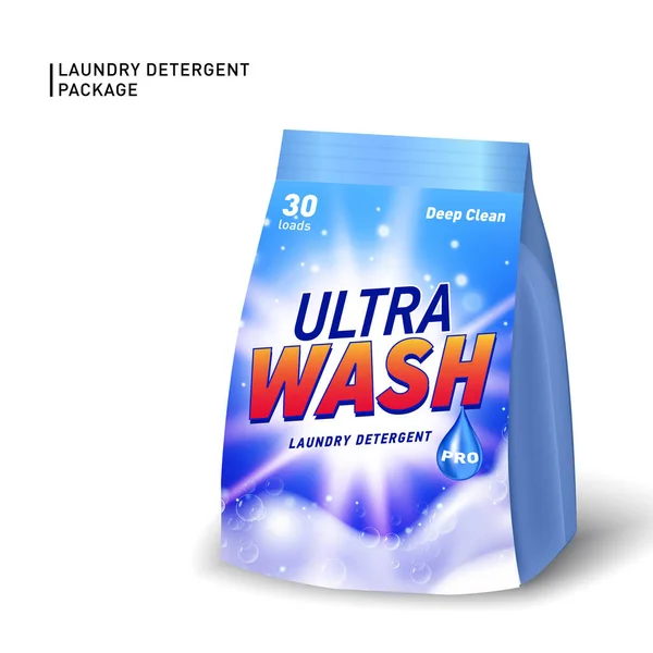 Recipiente suave realista para detergente. Plantilla de paquete de detergente con logotipo diseñado y espuma de jabón realista. — Vector de stock