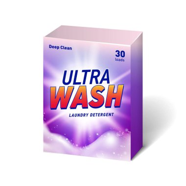 Deterjan için tasarlanmış adab-ı muaşeret konteynırının gerçekçi maketi. Deterjan paketi.