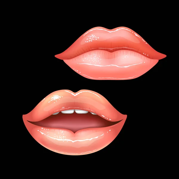 2 λαμπερά όμορφα γυναικεία γυμνά χείλη με δόντια για διαφορετικά σχέδια. Ροζ χρώμα κραγιόν. Μαύρο φόντο. Ρεαλιστική διανυσματική απεικόνιση. — Διανυσματικό Αρχείο