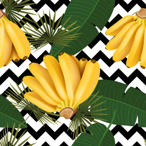Модный бесшовный рисунок с банановым пучком и тропическими листьями. Векторная реалистичная иллюстрация — стоковый вектор
