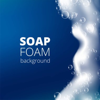 Gerçekçi köpüklü sabun köpüğüyle güzel bir mavi arka plan. Şampuan köpüğü dokusu. Parlak çamaşır deterjanı. Tasarlanmış metin. Vektör illüstrasyonu
