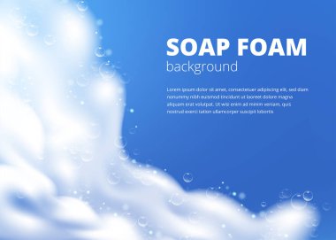 Gerçekçi köpüklü sabun köpüğüyle güzel bir mavi arka plan. Şampuan köpüğü dokusu. Parlak çamaşır deterjanı. Tasarlanmış metin. Vektör illüstrasyonu