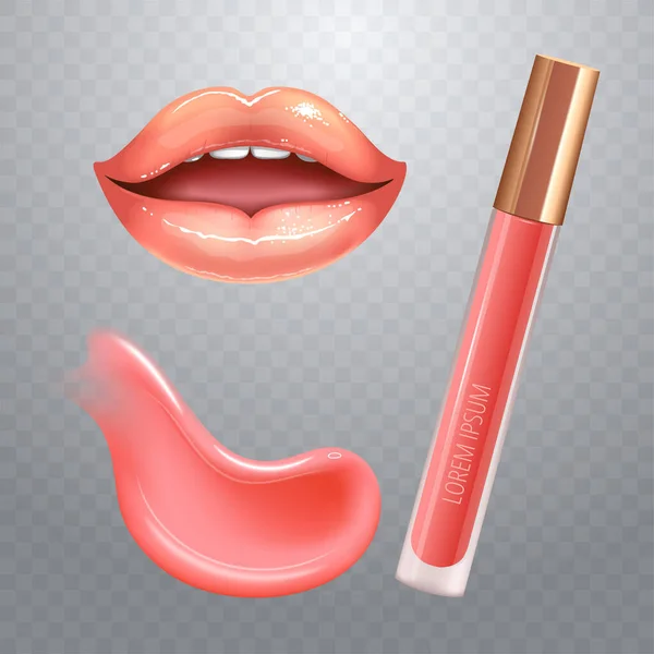 Make-up set för läppar med realistisk creme utstryk, realistiska glansiga glänsande läppar och flytande läppstift på rutig transparent bakgrund. — Stock vektor