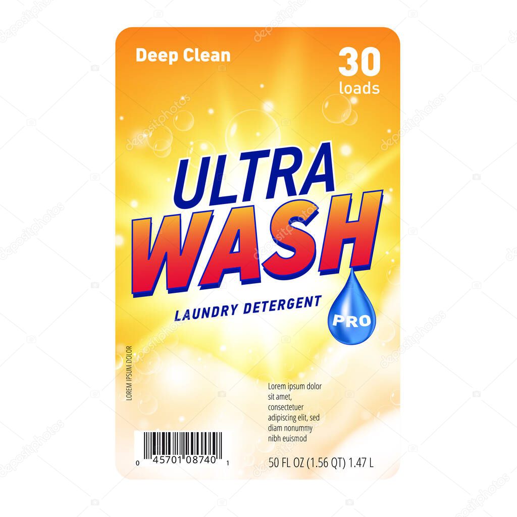 Design template of label for laundry detergent with realistic soap foam and sun flare light.