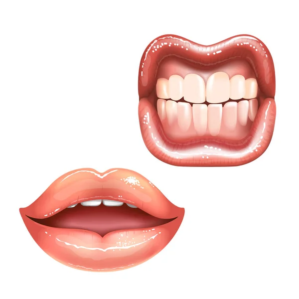 2 belles lèvres nues féminines brillantes avec des dents pour différents modèles. Couleur rouge à lèvres rose. Illustration vectorielle réaliste. — Image vectorielle