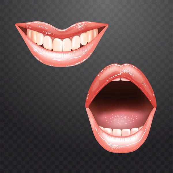 2 skinande vackra kvinnliga nakenläppar med tänder för olika mönster. Rosa läppstift färg. Kontrollerad transparent bakgrund. Realistisk vektor illustration. — Stock vektor