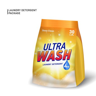 Deterjan için gerçekçi yumuşak bir kap. Tasarlanmış logo ve gerçekçi sabun köpüğüyle Deterjan paket şablonu.