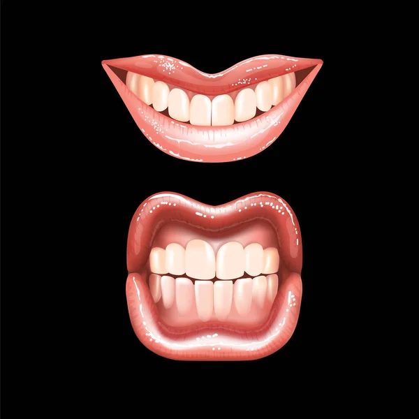 2 hermosos labios desnudos femeninos brillantes con dientes para diferentes diseños. Color rosa lápiz labial. Fondo negro. Ilustración vectorial realista. — Archivo Imágenes Vectoriales