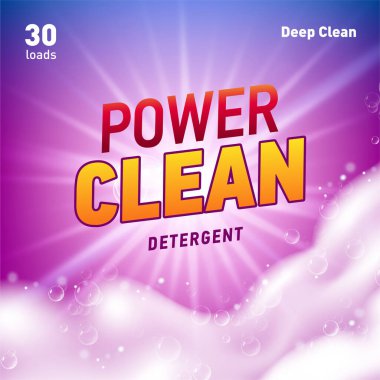 Deterjan paket tasarım şablonu mercek alevi ve gerçekçi sabun köpüğüyle.