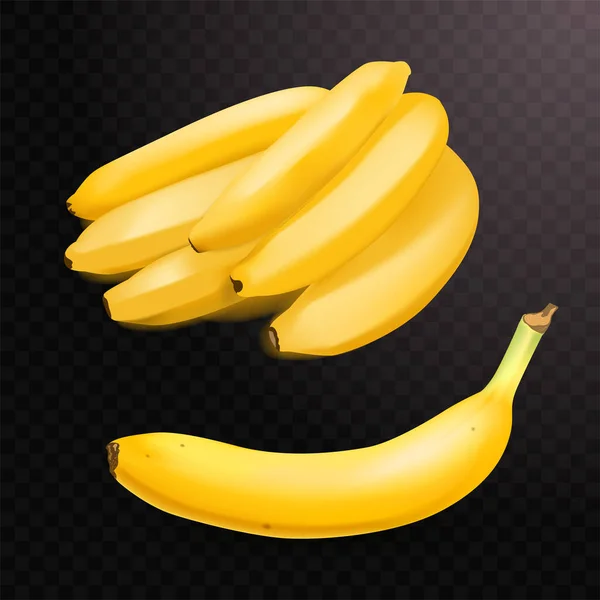 Conjunto de 2 bananas realistas em fundo transparente quadriculado.. Frutos tropicais. Ilustração vetorial 3D —  Vetores de Stock