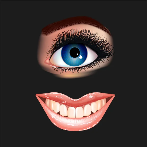 Conjunto de hermoso ojo azul femenino con pestañas extendidas y boca brillante con labios brillantes. Dientes humeantes. Fondo negro. Ilustración vectorial realista. — Archivo Imágenes Vectoriales