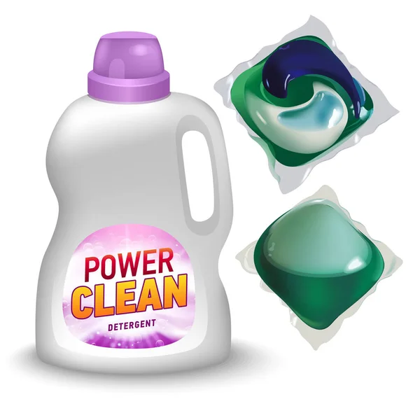 Maqueta realista de contenedor para detergente líquido con etiqueta diseñada. Envase de detergente. — Vector de stock