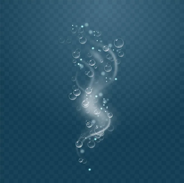 Realistické bubliny šumivého vzduchu ve vodě. Bubliny syčící pod vodou. Průhledné kostkované pozadí. — Stockový vektor