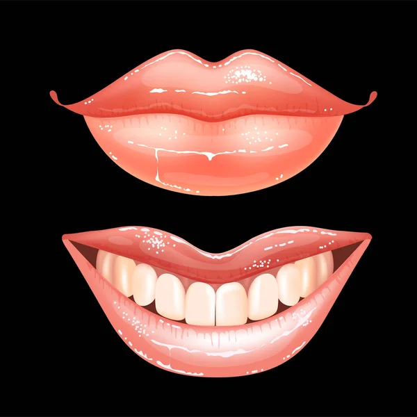 2 brilhando lábios nus femininos bonitos com dentes para diferentes desenhos. Cor de batom rosa. Fundo preto. Ilustração vetorial realista. —  Vetores de Stock