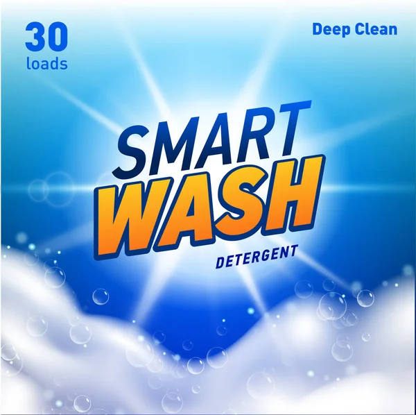 Plantilla de diseño de paquete de detergente con destello de lente y espuma de jabón realista. — Vector de stock