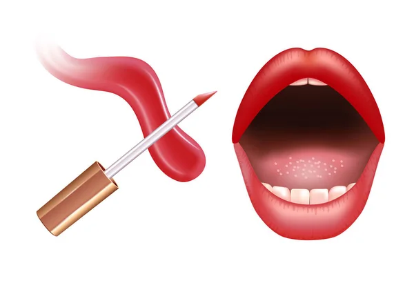 Make-up set for lips with realistic creme smear, realistic liquid lipstick and lips. — Stock Vector