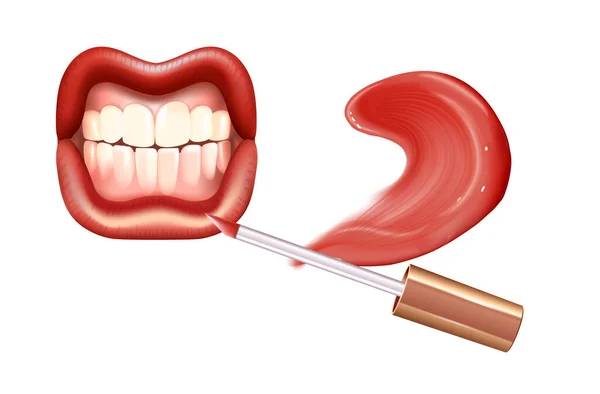Make-up set for lips with realistic creme smear, realistic liquid lipstick and lips. — Stock Vector