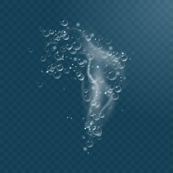 Realistisch funkelnde Luftblasen im Wasser. Blasen verpuffen unter Wasser. Transparent karierter Hintergrund. — Stockvektor