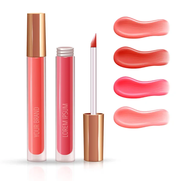 Make-up-Set für Lippen mit realistischen Cremeabstrichen in verschiedenen Farben und flüssigem Lippenstift, geschlossen und offen. — Stockvektor