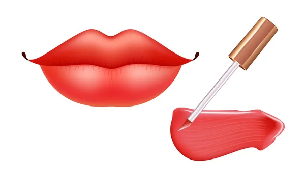 현실적 인 크림 술 과 현실적 인 액체 립스틱 과 입술을 갖춘 입술을 위한 화장. — 스톡 벡터