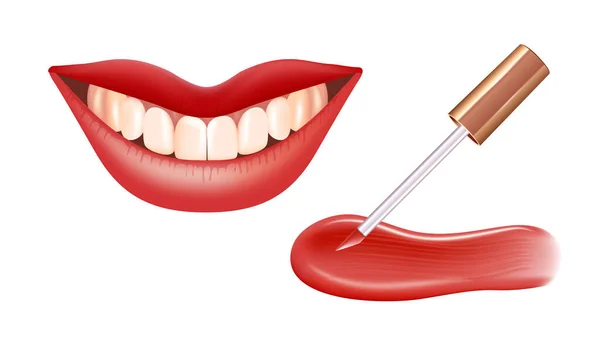 Conjunto de maquillaje para labios con mancha de crema realista, lápiz labial líquido realista y labios. — Vector de stock