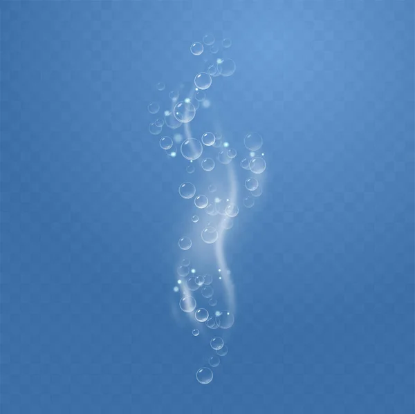 Реалистичные блестящие пузырьки воздуха в воде. Пузыри шипят под водой. Прозрачный клетчатый фон. — стоковый вектор
