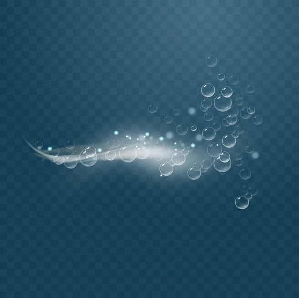 Реалистичные блестящие пузырьки воздуха в воде. Пузыри шипят под водой. Прозрачный клетчатый фон. — стоковый вектор