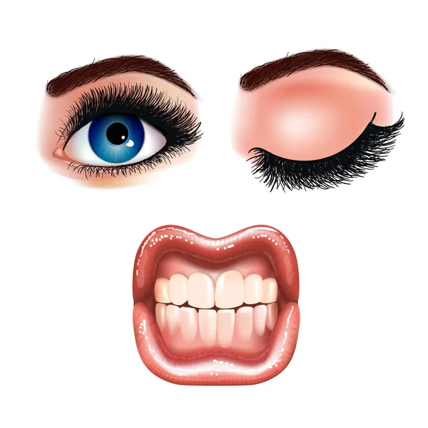 Conjunto de hermosos ojos femeninos con pestañas extendidas y boca brillante con labios brillantes. Dientes sonrientes. Ilustración vectorial realista. — Vector de stock