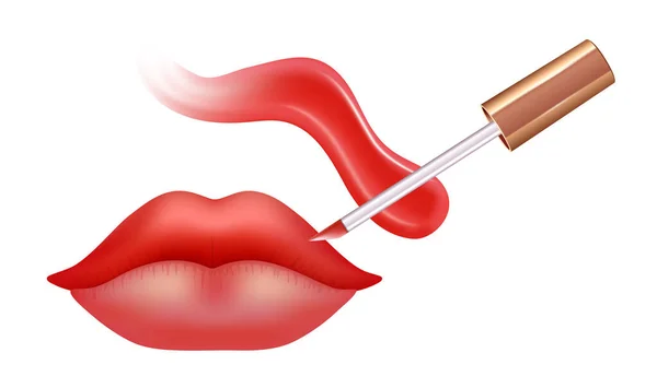현실적 인 크림 술 과 현실적 인 액체 립스틱 과 입술을 갖춘 입술을 위한 화장. — 스톡 벡터