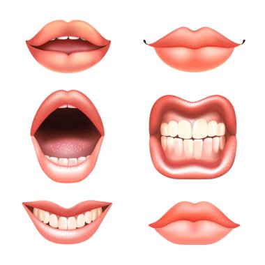 Farklı tasarımlar için dişleri olan 6 güzel çıplak dudak. Pembe ruj rengi. İlişkisel vektör çizimi.