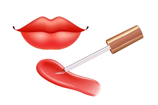 Make-up set for lips with realistic creme smear, realistic liquid lipstick and lips. — Stock Vector