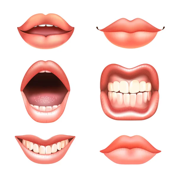 6 lábios nus femininos bonitos com dentes para diferentes desenhos. Cor de batom rosa. Ilustração vetorial relativa. —  Vetores de Stock