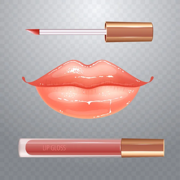 Make-up set för läppar med realistiska glansiga glänsande läppar och flytande läppstift. — Stock vektor
