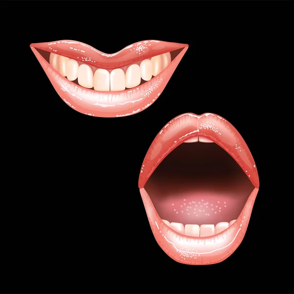 2 brilhando lábios nus femininos bonitos com dentes para diferentes desenhos. Cor de batom rosa. Fundo preto. Ilustração vetorial realista. —  Vetores de Stock