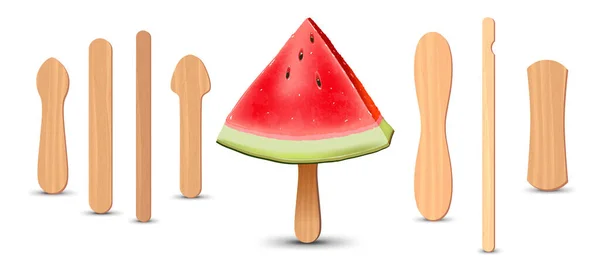Seperangkat tongkat es realistik. Potongan semangka pada tongkat es loli. Vektor ilustrasi, musim panas. - Stok Vektor