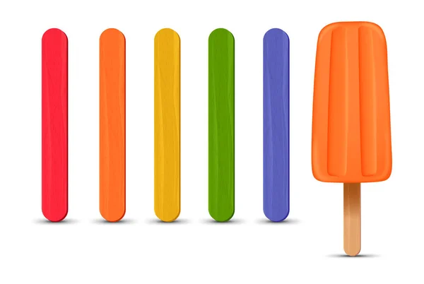 Набор реалистичных палочек эскимо. Апельсиновое клубничное мороженое 3D. Векторная иллюстрация, летний сезон. — стоковый вектор