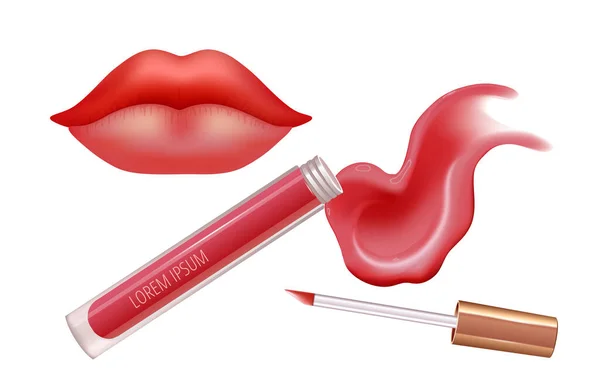 Make-up set för läppar med realistiskt krämutstryk, realistiskt flytande läppstift och läppar. — Stock vektor