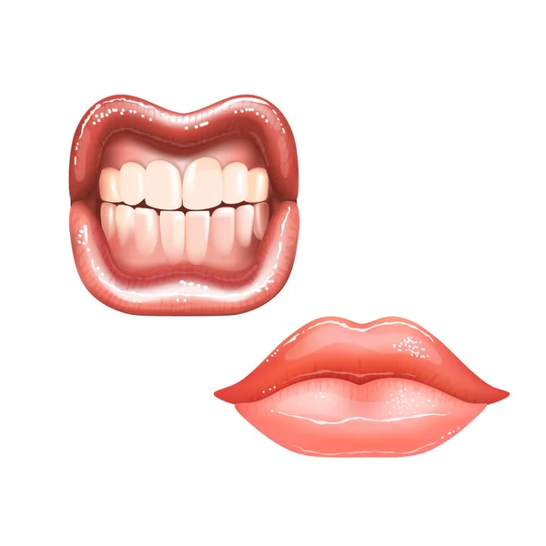 2 hermosos labios desnudos femeninos brillantes con dientes para diferentes diseños. Color rosa lápiz labial. Ilustración vectorial realista. — Archivo Imágenes Vectoriales