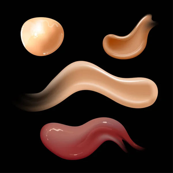 Conjunto de manchas de crema cosmética realistas. Tónico de piel de diferentes colores de cuerpo. Loción suave frotis aislado vector textura sobre fondo negro. — Archivo Imágenes Vectoriales