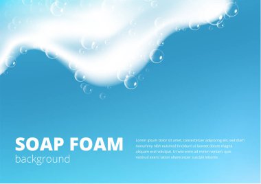 Gerçekçi köpüklü sabun köpüğüyle güzel bir mavi arka plan. Şampuan köpüğü dokusu. Parlak çamaşır deterjanı. Tasarlanmış metin. Vektör illüstrasyonu
