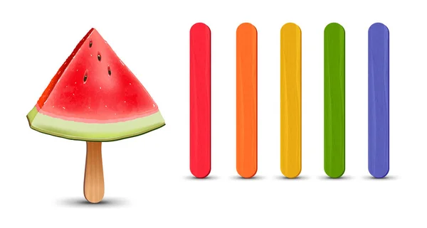 Een set realistische ijslolly sticks. Watermeloen stuk op ijslolly. Vector illustratie, zomer seizoen. — Stockvector
